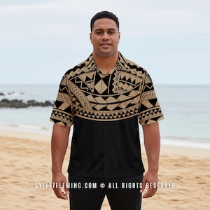 May include: A black and tan button-down shirt with a geometric pattern on the top half. The shirt has short sleeves and is worn by a person standing on a beach. The text "AYELETFLEMING.COM © ALL RIGHTS RESERVED" is at the bottom.