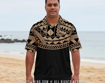 Samoan Tribal Short Sleeve Button Down Bowling Shirt For Men, Black Tan Polynesian Tattoo Chest Designed Outfit For Weddings And Graduations