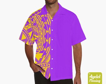 Hawaiian shirt men - Polynesian shirt design on sleeve - Samoan shirt - Purple yellow Samoan shirt bowling shirt S-5XL