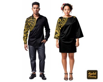 Polynesian Tattoo Couple Outfit - Black Golden Hawaiian Dress and Bell Sleeve Shirt