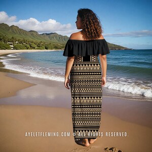 Polynesian Tattoo Off Shoulder Maxi Dress, Tan Black Hawaiian Hula Dancing & Wedding Guest Long Outfit, Tropical Luau Party Attire for Women