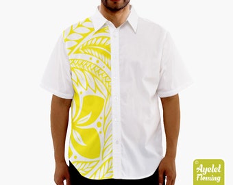 Hawaiian shirt men - Polynesian shirt - Samoan shirt - White and yellow floral button up shirt men - Size XS-5XL