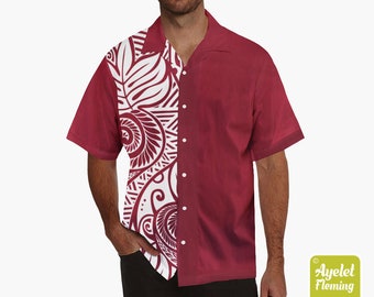Hawaiian shirt men - Polynesian shirt - Samoan shirt - Dark red burgundy white ulu floral bowling shirt S-5XL