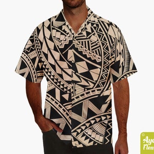 Hawaiian shirt men - Polynesian shirt - Samoan shirt - Black tan Samoan shirt bowling shirt S-5XL