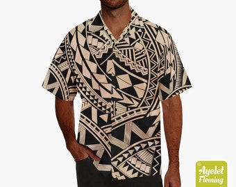Hawaiian shirt men - Polynesian shirt - Samoan shirt - Black tan Samoan shirt bowling shirt S-5XL
