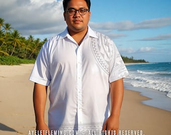 Polynesian Tribal Short Sleeve Button Down Bowling Shirt For Men, Groomsmen Best Men White Light Gray Samoan Tattoo Outfit