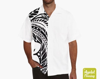 Hawaiian shirt men - Polynesian shirt - Half white black floral bowling shirt S-5XL