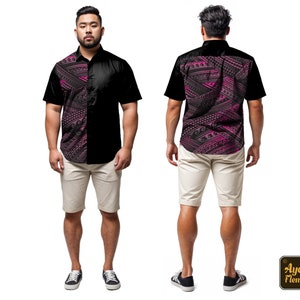 Couple outfit Samoan dress and Samoan shirt Black pink gradient groomsmen shirt and casual wedding dress Design on full back