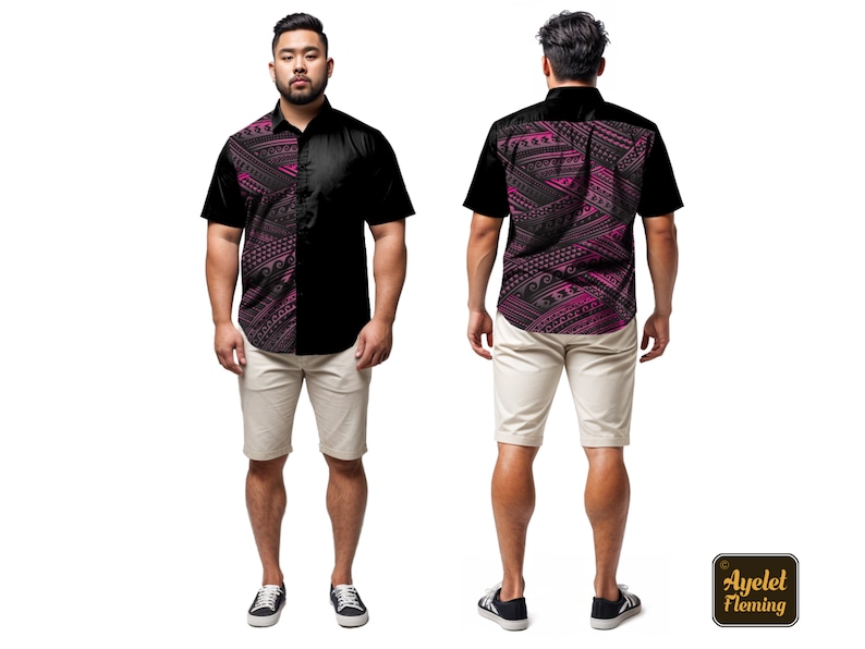 Couple outfit Samoan dress and Samoan shirt Black pink gradient groomsmen shirt and casual wedding dress Design on full back