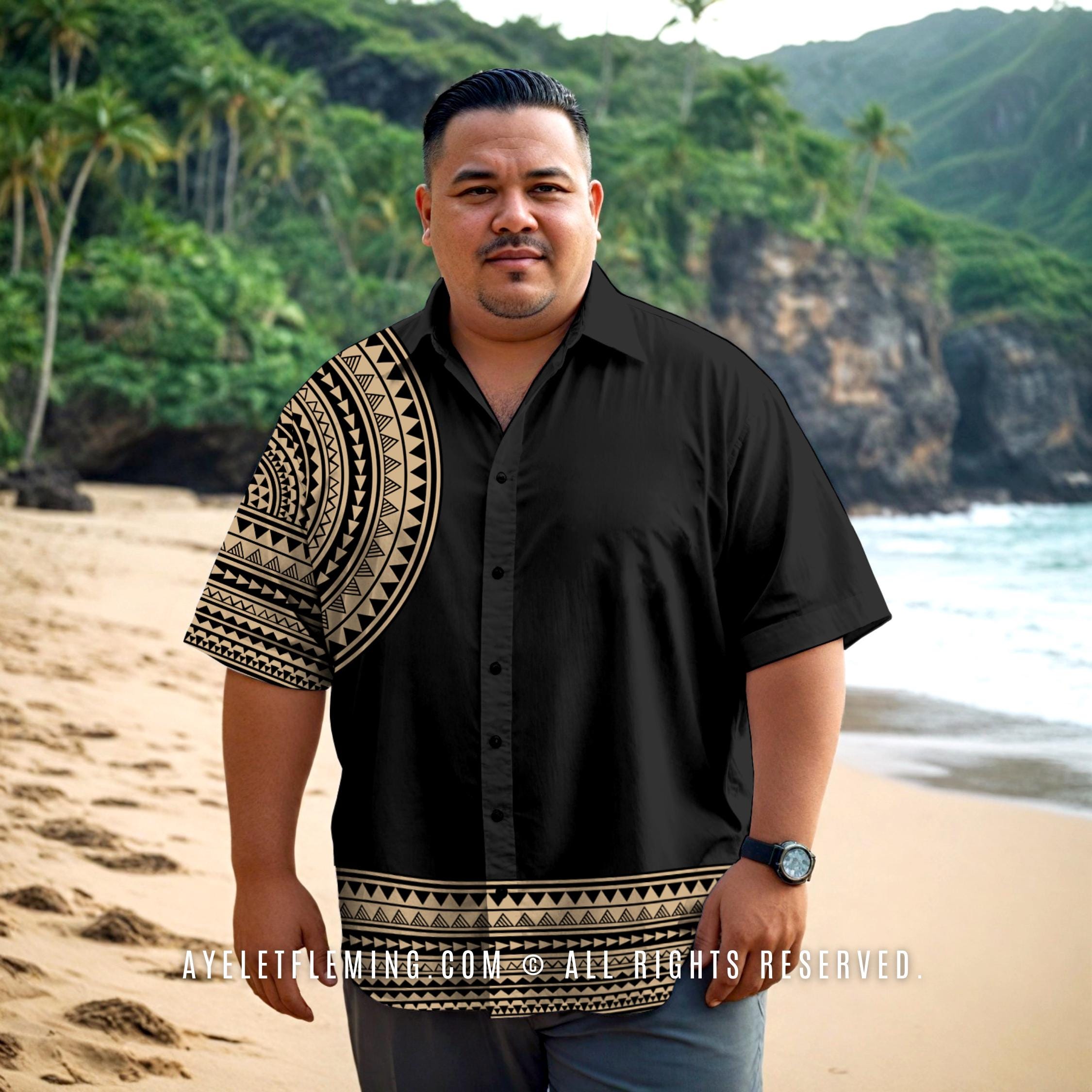 samoan dress shirts Men's Short Sleeve Button Down Samoan Tribal Bowling Shirt, Black Tan  Polynesian Tattoo Outfit for Best Man, Groom & Graduation