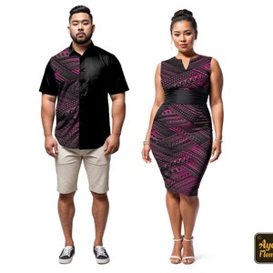 Couple outfit Samoan dress and Samoan shirt Black pink gradient groomsmen shirt and casual wedding dress image 1