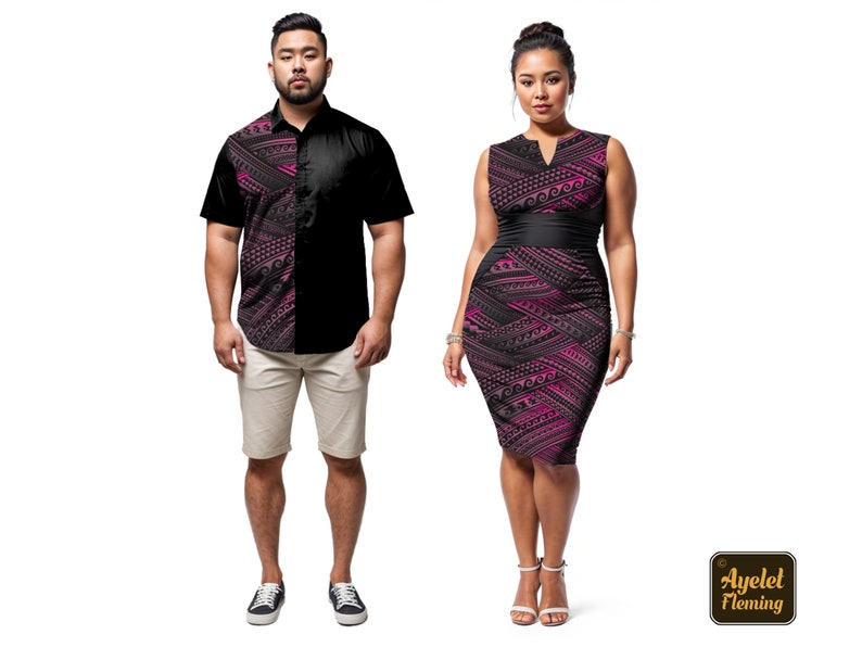 Couple outfit Samoan dress and Samoan shirt Black pink gradient groomsmen shirt and casual wedding dress image 1