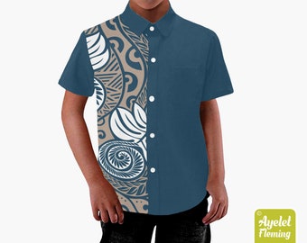 Polynesian shirt - Boys Hawaiian shirt - Half blue light brown white ulu floral boys dress shirt