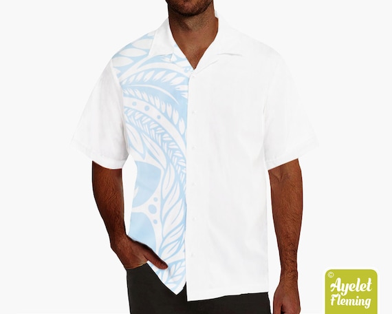 半袖 Samoa pattern Swarovski Long T-shirt White Hawaiian Shirt Men - Polynesian Shirt - Samoan Shirt - Half