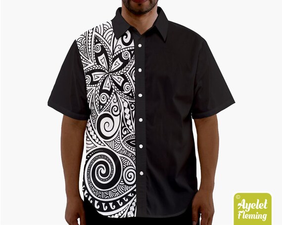 Camisa hawaiana hombres Camisa polinesia Camisa samoana Camisa floral blanca medio negra con botones para hombres Talla XS 5XL Etsy Espana