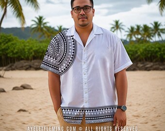 Men's Short Sleeve Button Up Samoan Tribal Shirt, White Black Polynesian Wedding And Event Outfit, Island Style Bowling Shirt