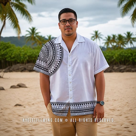 maori dress shirts Men's Short Sleeve Button Up Samoan Tribal Shirt, White Black Polynesian Wedding And Event Outfit, Island Style Bowling Shirt