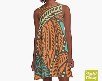 Polynesian dress - Hawaiian dress women - Blue orange brown tiki dress - Size XXS-4XL