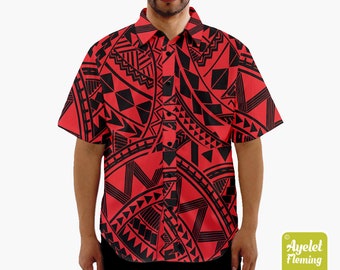 Polynesian shirt - Samoan shirt - Hawaiian shirt men - Red black button up shirt men - Size XS-5XL