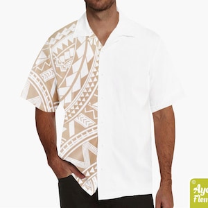 Hawaiian shirt men - Polynesian shirt - Samoan shirt design on sleeve - Half white tan bowling shirt S-5XL