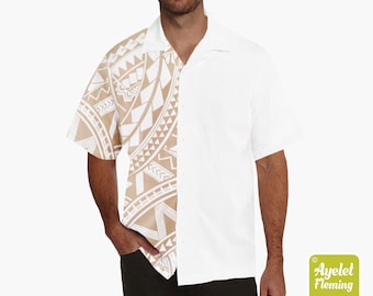Hawaiian shirt men - Polynesian shirt - Samoan shirt design on sleeve - Half white tan bowling shirt S-5XL