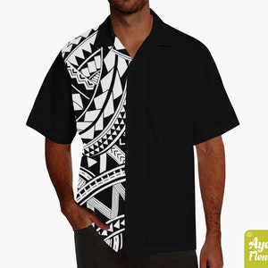 May include: A black and white patterned short-sleeved shirt with a collar. The pattern is a traditional Polynesian design.