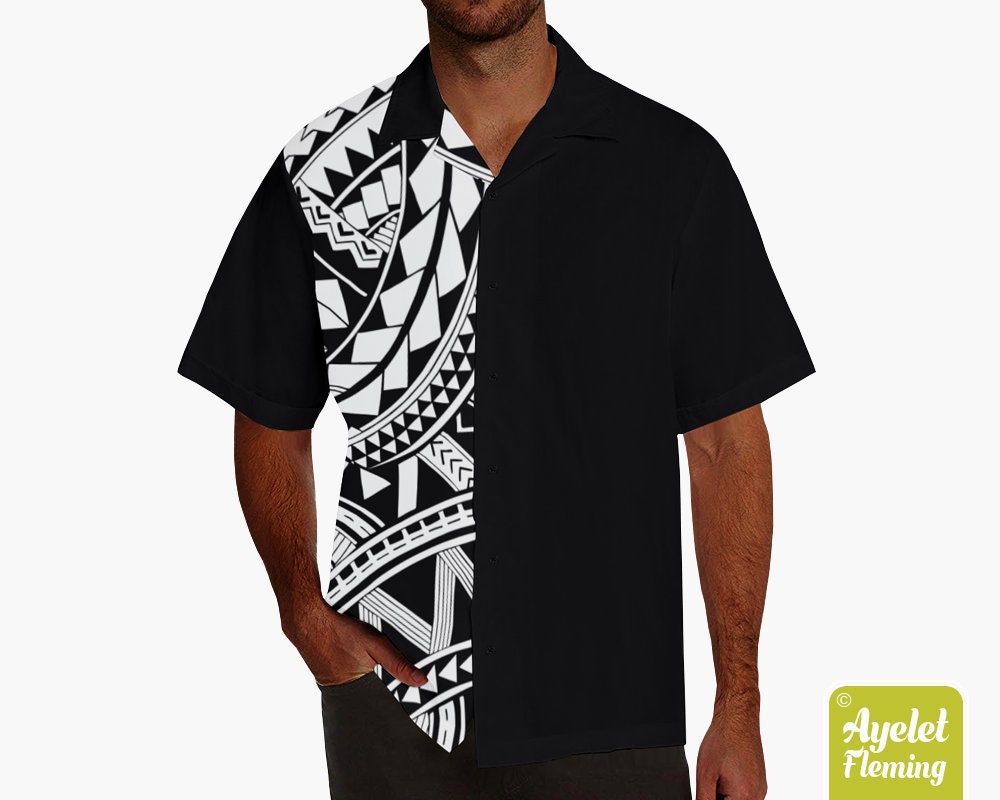Hawaiian shirt men - Polynesian shirt - Samoan shirt - Half black white bowling shirt