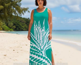 Hawaiian Hula Matching Outfit, Womens Sleeveless Maxi Dress, Girls Short Sundress, Turquoise White Bird of Paradise Polynesian Floral Attire