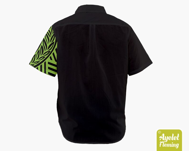 Clothing Dress Shirts Button Up Shirt Men Design On Sleeve Half Black Green White Hawaiian Shirt Men Ulu Polynesian Shirt