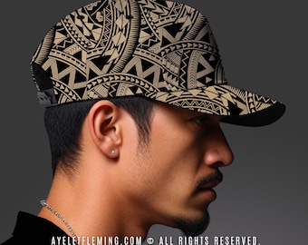 Custom Name Samoan Tattoo Tribal Baseball Cap, Black And Tan Polynesian Design Hat For Men & Women, Pacific Island Adjustable Snapback Gift