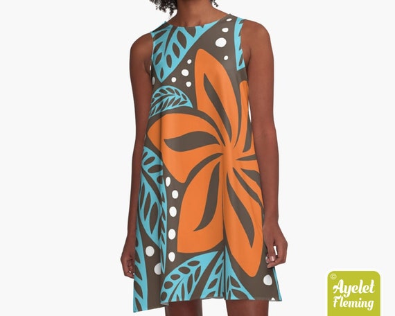 Hawaiian dress women - Polynesian dress - Orange blue tiki dress - Size XXS-4XL