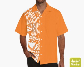 Hawaiian shirt men - Polynesian shirt - Samoan shirt - Half orange white bowling shirt S-5XL