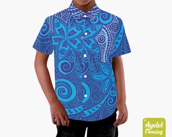 Polynesian shirt - Boys Hawaiian shirt - Shades of blue floral boys dress shirt