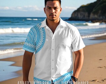Men's Short Sleeve Button Down Polynesian Tribal Bowling Shirt, White Cyan Pacific Island Samoan Wedding And Graduation Outfit
