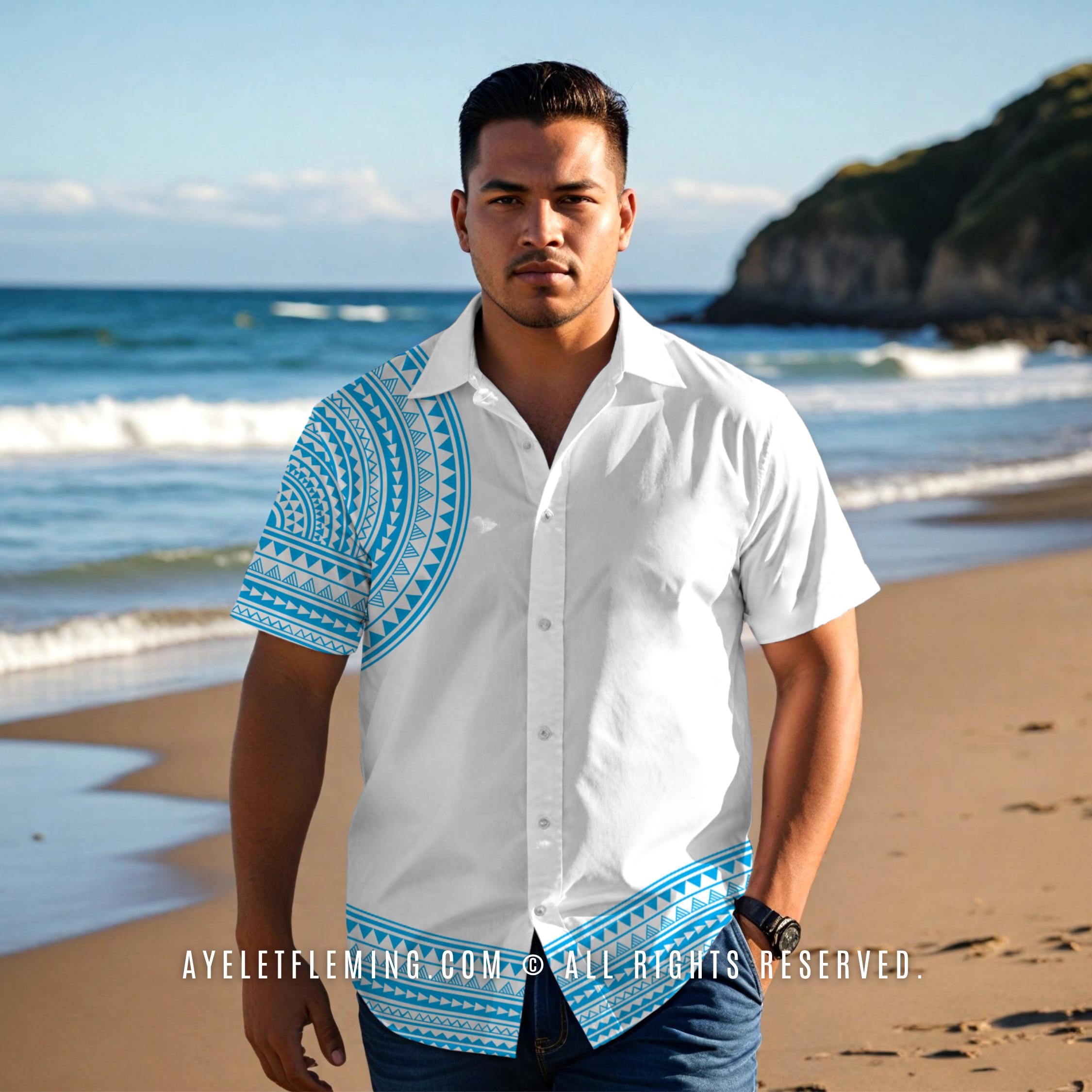polynesian dress shirts Men's Short Sleeve Button Down Polynesian Tribal Bowling Shirt, White Cyan Pacific Island Samoan Wedding And Graduation Outfit