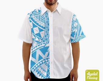 Hawaiian shirt men - Polynesian shirt - Samoan shirt - White cyan button up shirt men design on sleeve - Size XS-5XL