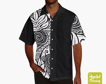 Hawaiian shirt men - Polynesian shirt design on sleeve - Half black white ulu floral bowling shirt S-5XL