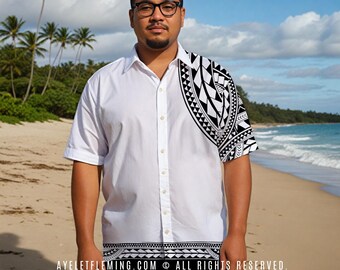 Samoan Tribal Short Sleeve Button Up Bowling Shirt For Men, White Black Polynesian Outfit For Weddings And Events