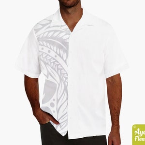 Hawaiian shirt men - Polynesian shirt - Samoan shirt - Half white light gray floral bowling shirt S-5XL