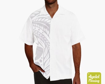 Hawaiian shirt men - Polynesian shirt - Samoan shirt - Half white light gray floral bowling shirt S-5XL