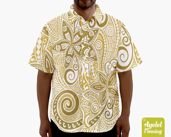 Hawaiian shirt men - Polynesian shirt - Samoan discount shirt - Golden black button up shirt men - Size XS-5XL