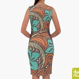 Polynesian dress Hawaiian dress women Blue orange on brown floral tribal midi dress Sleeveless pencil dress Size XS-5XL image 2