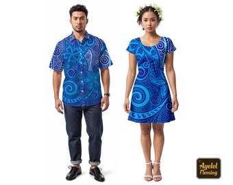 Couple outfit Hawaiian shirt Hawaiian dresses - Shades of blue polynesian tribal floral mens tiki shirt womens tiki dress