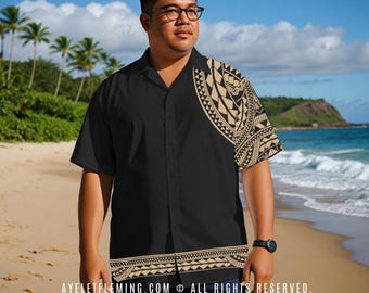 Polynesian Tribal Short Sleeve Button Down Bowling Shirt For Men, Black Tan Samoan Outfit For Weddings And Graduation Ceremony