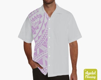 Hawaiian shirt men - Polynesian shirt design on sleeve - Samoan shirt - Light gray light purple lavender Samoan shirt bowling shirt S-5XL