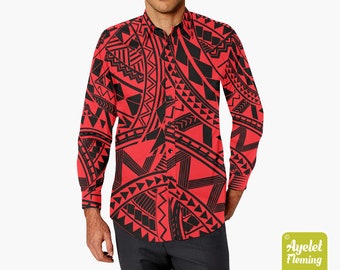 Polynesian shirt - Samoan shirt - Hawaiian shirt men button down shirt - Red black long sleeve shirt - Size XS-5XL