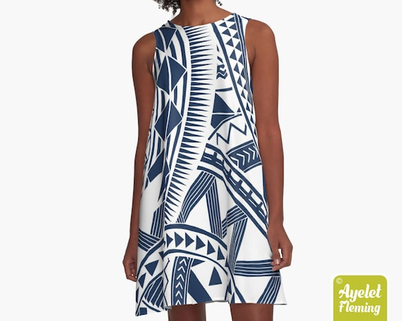 Polynesian dress - Samoan dress - Hawaiian dress women - Dark navy blue White tiki dress - Size XXS-4XL