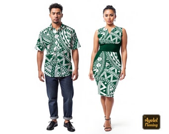 Couple outfit Polynesian dress Polynesian shirt - Emerald green white groomsmen shirt casual wedding dress