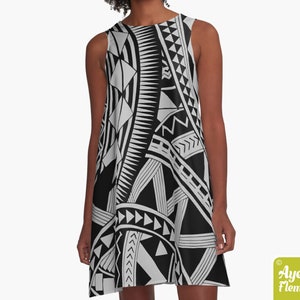 Polynesisches Kleid - Samoan - Hawaiianisches Kleid Frauen - Graues schwarzes Tiki-Kleid - Größe XXS-4XL