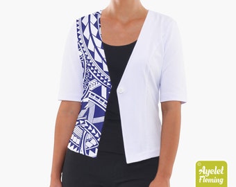 Polynesian cardigan women - Hawaiian shirt women - Half navy blue white cardigan - Size XS-5XL